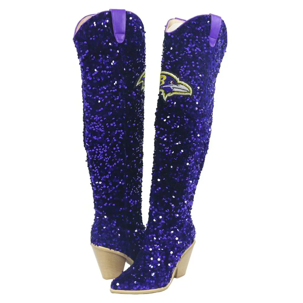 NFL Licensed Team Colored Sequin Over the Knee Boot-Baltimore Ravens